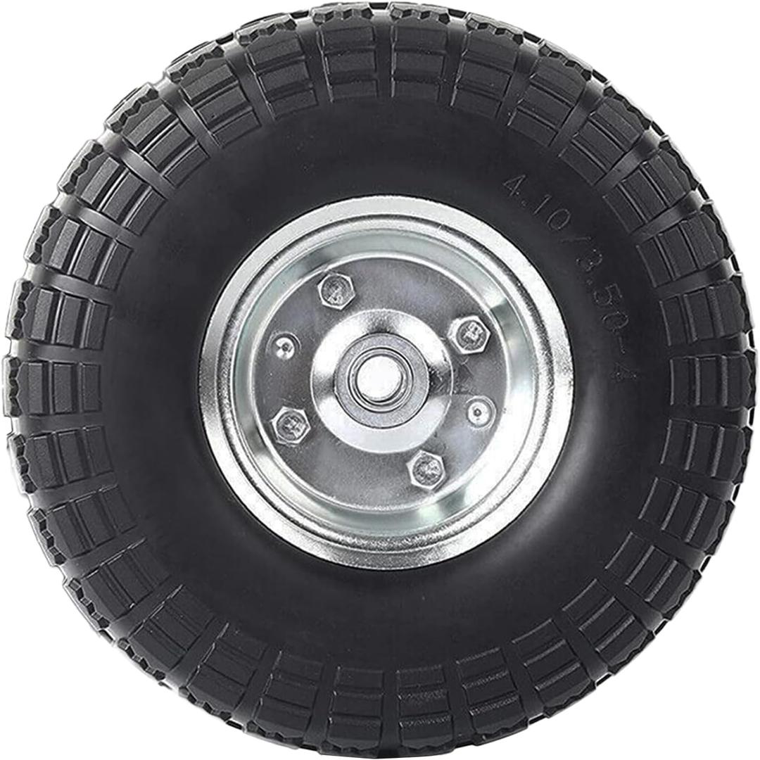 2 Pack 10" Flat Free Tires Solid PU Foam Tyre Wheels, 4.10/3.5-4 Air Less Tires Wheels with 5/8" Center Bearings for Hand Truck, Trolley, Wheelbarrows, Garden Cart, Black