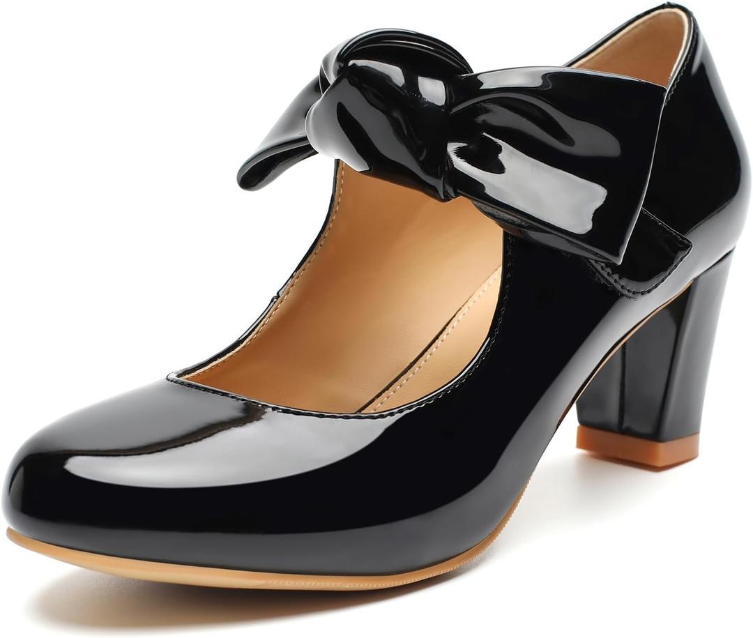 Womens Mary Jane Pumps - 2 Inch Mid Chunky Block Heels with Bow, Round Toe Patent Leather Ankle Strap Dress Shoes for Wedding, Office, Cosplay, Size 9