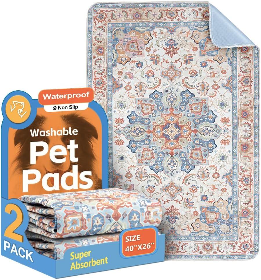 Washable Dog Pee Pads 2 Pack 40x26 Super Absorbent Waterproof Dog Training Pads, Non-Slip Potty Pads for Floor, Crate, Whelping Pads Litter Mat Pet Supplies