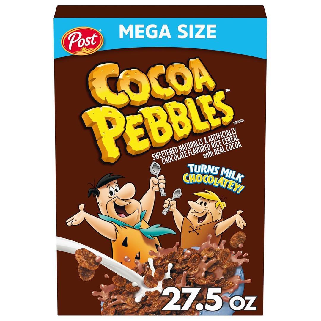 Cocoa PEBBLES Cereal, Chocolatey Kids Breakfast, Gluten Free Rice Crunch, 27.5 oz Mega Size Cereal Box (27.5 Ounce (Pack of 1))