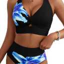 Herseas Women's 2 Piece Bikini Sets Twist Front Top Lily Print Swimsuits High Waisted Bathing Suit Beach Summer Swimwear Medium