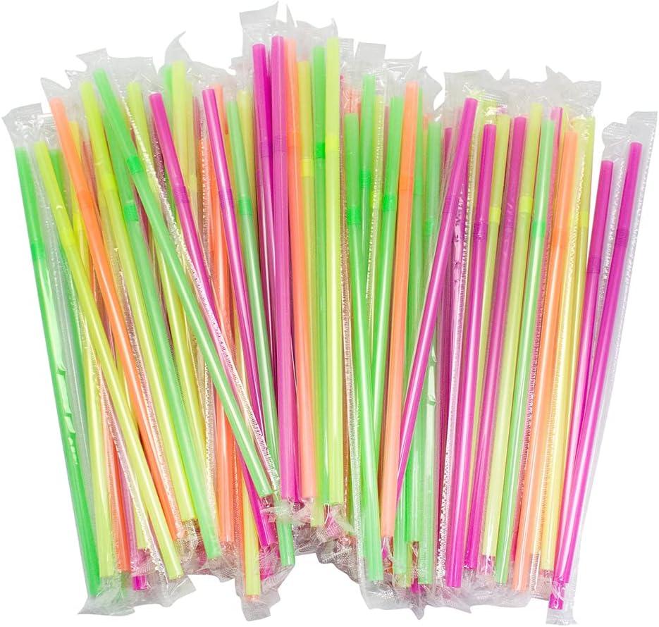 Jacent Individually Wrapped Plastic Neon Flex Drinking Straws: 100 Per Pack, Great for Workplaces, Restaurants, Parties, Home Use (1 Pack), Shake Straws, Smoothie Straws, Tea Straws