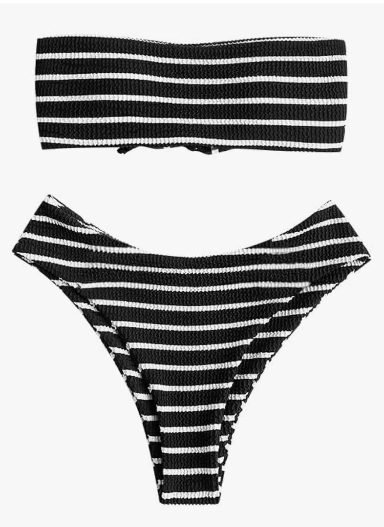 ZAFUL Women Strapless Ribbed High Cut Bandeau Bikini Lace Up 2 Pieces Swimwear S