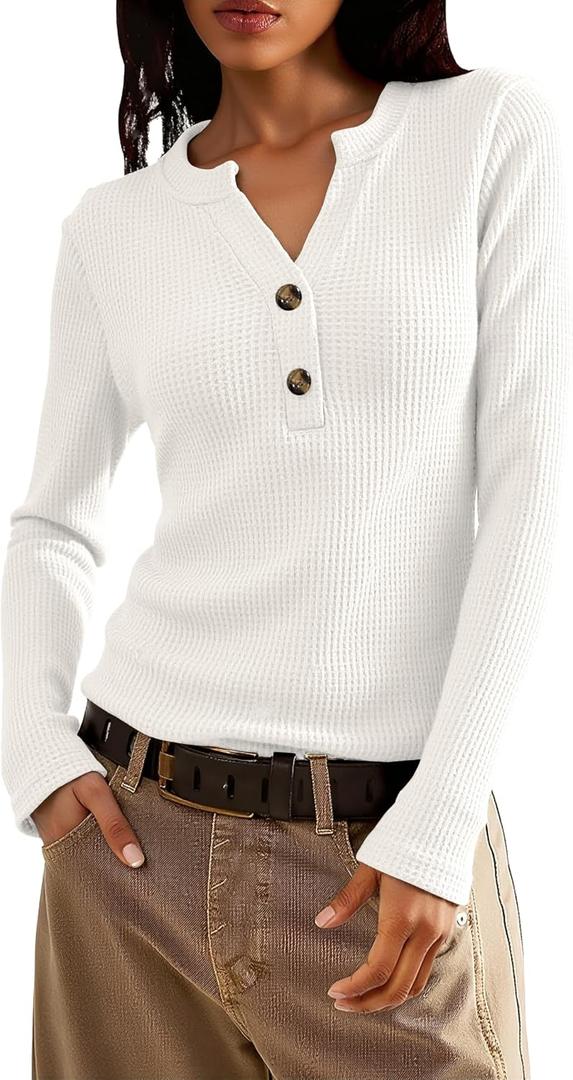 Jar of Love Women's Waffle Knit Tops Long Sleeve Shirts Henley Tops V-Neck Button Down Thermal Shirts Fall Outfits (White, S)