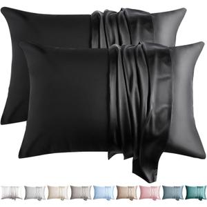 100% Silk Pillow Cases 2 Pack Standard Size Mulberry Silk Pillowcase for Hair and Skin Set of 2 Highest Grade 6A Silk Soft Breathable Cooling with Hidden Zipper, Black