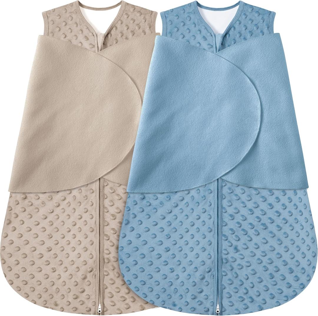 BSTOPPT Fleece Newborn Sleep Sack Baby Swaddle,3-Way Adjustable Wearable Blanket,2 Pack Fleece Swaddling sleeping bag TOG 2.0 (Brown & Dark Green, 0-3 Months)