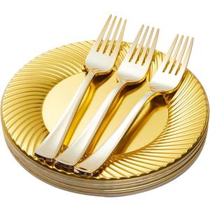 N9R 60pcs Gold Plastic Dessert Plates with Forks, Include 30pcs Disposable Dessert Plates 7 inch, 30pcs Gold Plastic Forks 7.4 inch for Parties Weddings Birthday (Plates with forks 7.4 inch)