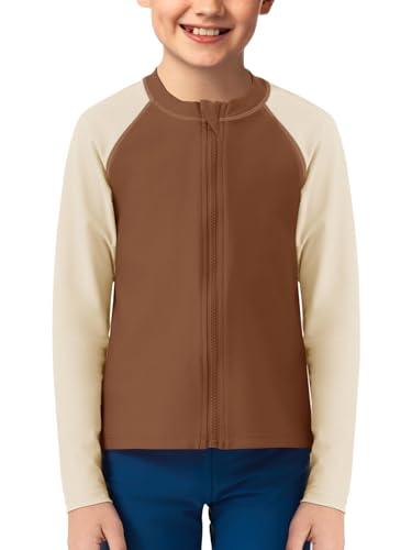 Haloumoning Boys UPF+ 50 Rash Guard Kids Zip Up Long Sleeve Sun Protection Quick Dry Swim Shirt 5-14 Years Brown, 150