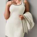 Fisoew Womens 2 Piece Outfits Casual Button Down Cardigan Sleeveless Loose Mini Dress Knit Sweater Sets (White)