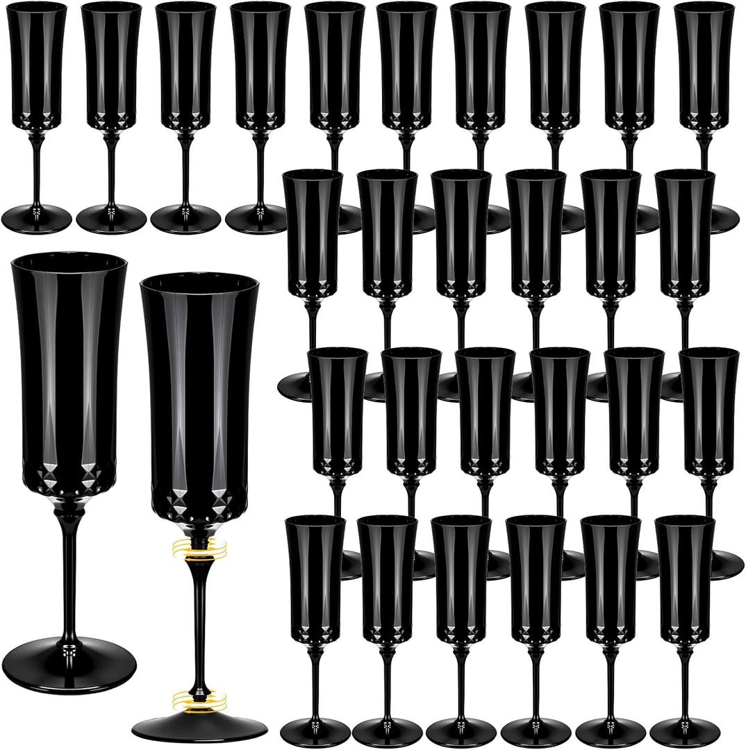 Domensi 30 Pcs Removable Black Champagne Flutes Bulk 7.5oz Plastic Wine Glasses Toasting Goblet Unbreakable Plastic Champagne Cups for Wedding Bachelor Banquet Christmas Party Supplies