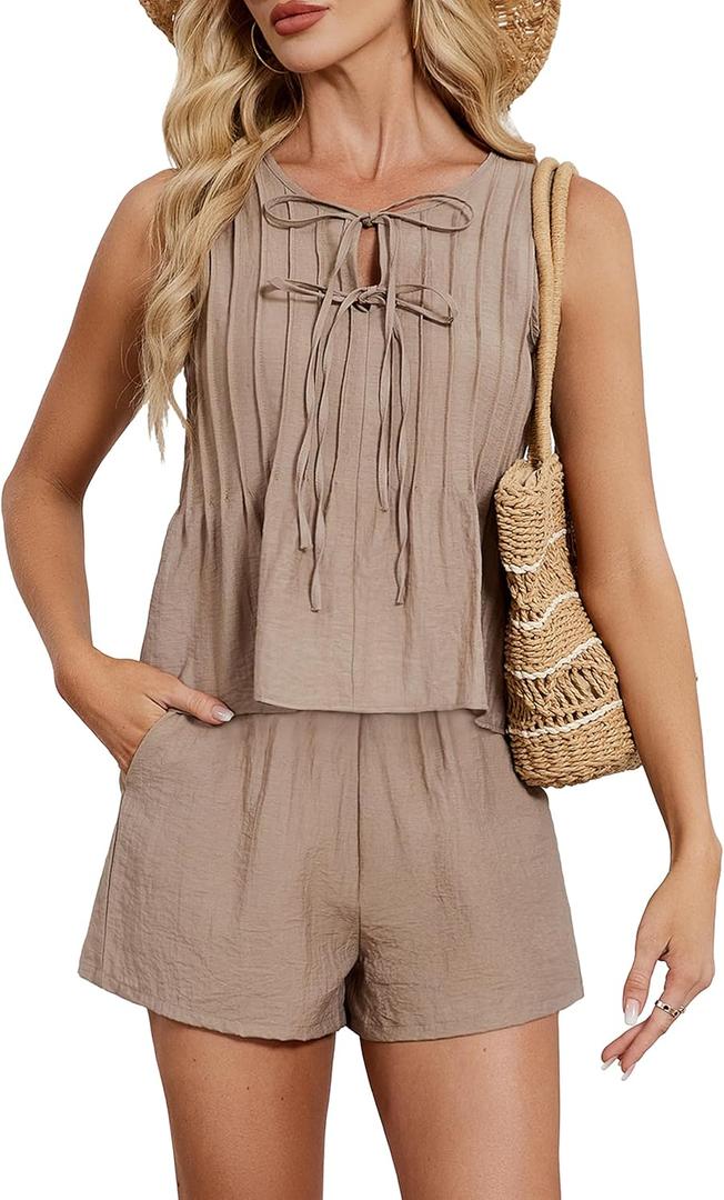 Blooming Jelly Womens Two Piece Sets Pleated Vacation Outfits Resort Wear Beach Linen Set Cruise Summer Matching Set 2025 (Small, Khaki)