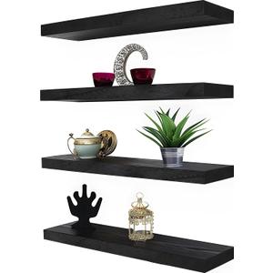 Wood Floating Shelves for Wall Decor, Rustic Wall Shelves for Bedroom Bathroom Kitchen Living Room, Set of 4 Black