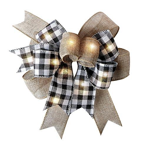 LED Christmas Buffalo Plaid Bow Rustic Burlap Black White Wreath Bow with LED Lights for Holiday Decorations (9.5 x 13 inch)