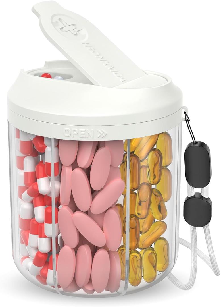 Pill Dispenser with 7 Large Compartments, 4.4" H x 3.6" Dia Pill Bottle Organizer for Travel, Supplement Organizer with Anti-Mixing Design, BPA-Free Pill Container with 20 Pcs Labels, Beige