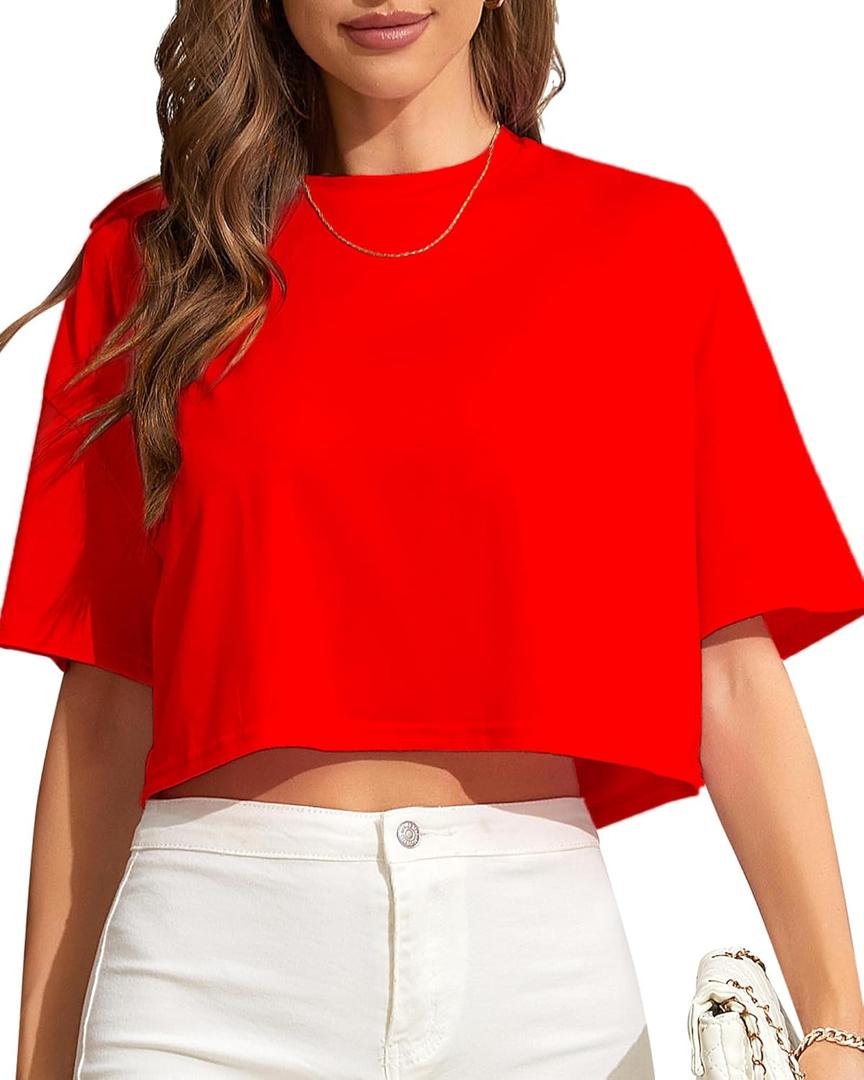 Women Cropped Tees Loose Fit Half Drop Shoulder Short Sleeve Tops Round Neck Basic Casual Shirts for Summer 2025 (Medium, New Red)