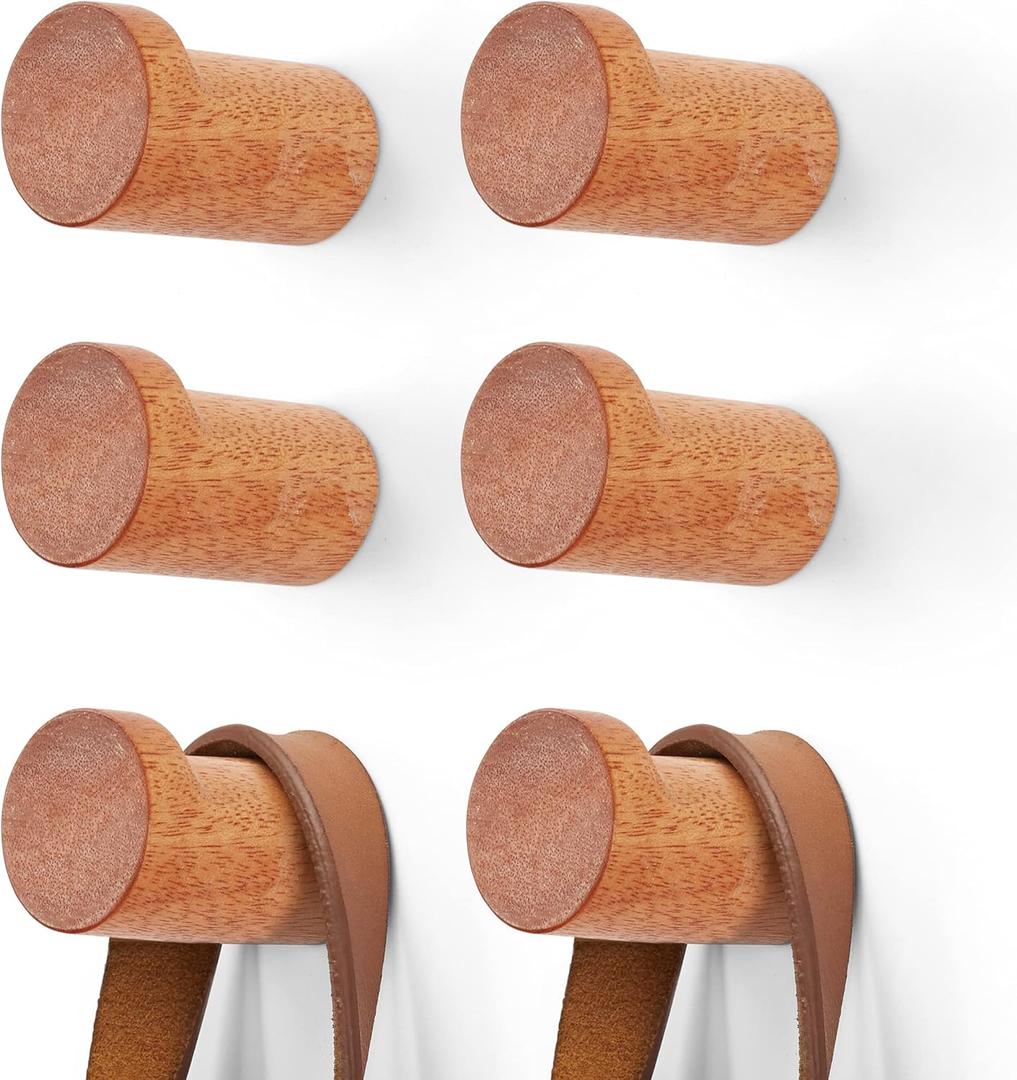 Wooden Coat Hook Wall Mounted (6 Packs) Hat Hooks, Single Coat Hat Rack Wall Mount, Wood Coat Hanger for Hanging Hat, Towel, Bag, Rope (Brown, 2" Set 6)