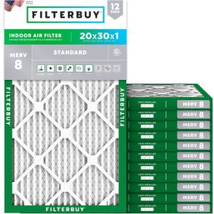 Filterbuy 20x30x1 Air Filter MERV 8 Essential Dust & Allergy Defense (12-Pack), Electrostatic Pleated HVAC AC Furnace Filters Replacement (Actual Size: 19.63 x 29.63 x 0.75)