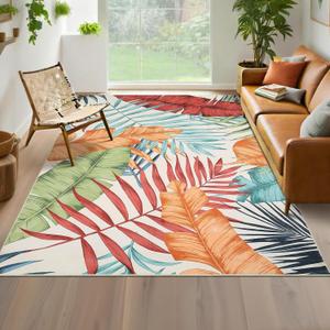 Area Rug 9x12 Tropical Plant Leaf Print Rectangular Multicolor Low Pile Soft Non Shedding Non Slip Washable Rug for Dining Room Living Room Bedroom (Colorful)