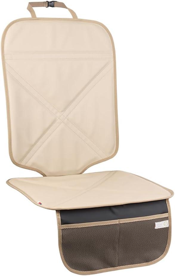 Car Seat Protector Leather Waterproof Child Safety Seat Protector Cover with Thick Pad and 2 Large Pockets Durable Kick Mat for All Auto Seat (Beige)