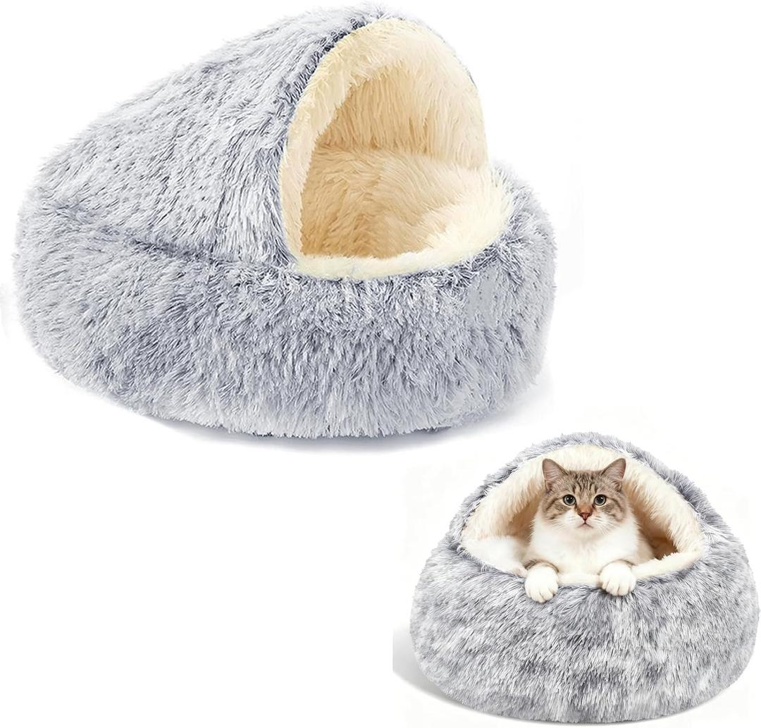 Cozy Hooded Pet Cave Bed - 20"x20" Washable Anti-Slip Nest for Small Dogs & Cats Up to 18 lbs, Cute Grey Donut Bed for Restful Sleep