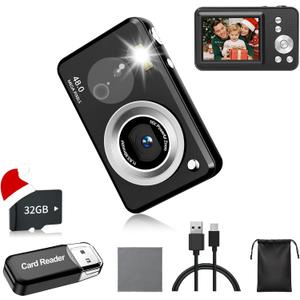 Digital Camera, FHD 1080P Point and Shoot Kids Camera, with 32GB Card,16X Zoom Anti Shake,48MP Compact Portable Small, for Starter Kid Children Teen Student Girl Boy (Black)