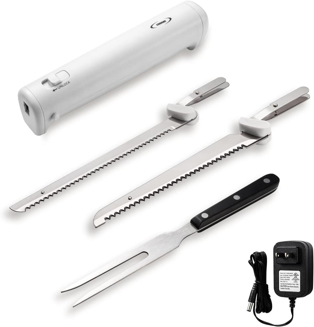 Cushore Professional Cordless Rechargeable Easy-Slice Electric Knife with 4 Reciprocating Serrated Stainless Steel Blades, Carving Meats, Poultry, Bread, Serving Fork Included, White