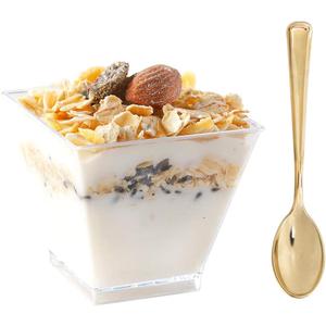 100pcs Square Plastic Mini Dessert Cups with 100pcs Gold Spoons, Plastic Parfait Appetizer Cup, Serving for Tasting Party Desserts Appetizers, Supernal