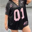 QJQ Womens Plus Size Graphic Jersey Shirts Tees Mesh Lace Up V Neck T Shirts Football Y2k Tops 2026