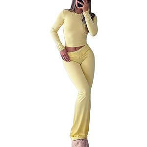 YETOWA Y2K 2 Piece Outfits Tummy Control Long Sleeve Crop Top High Waisted Flare Pants Soft Knit Lounge Set, Size S