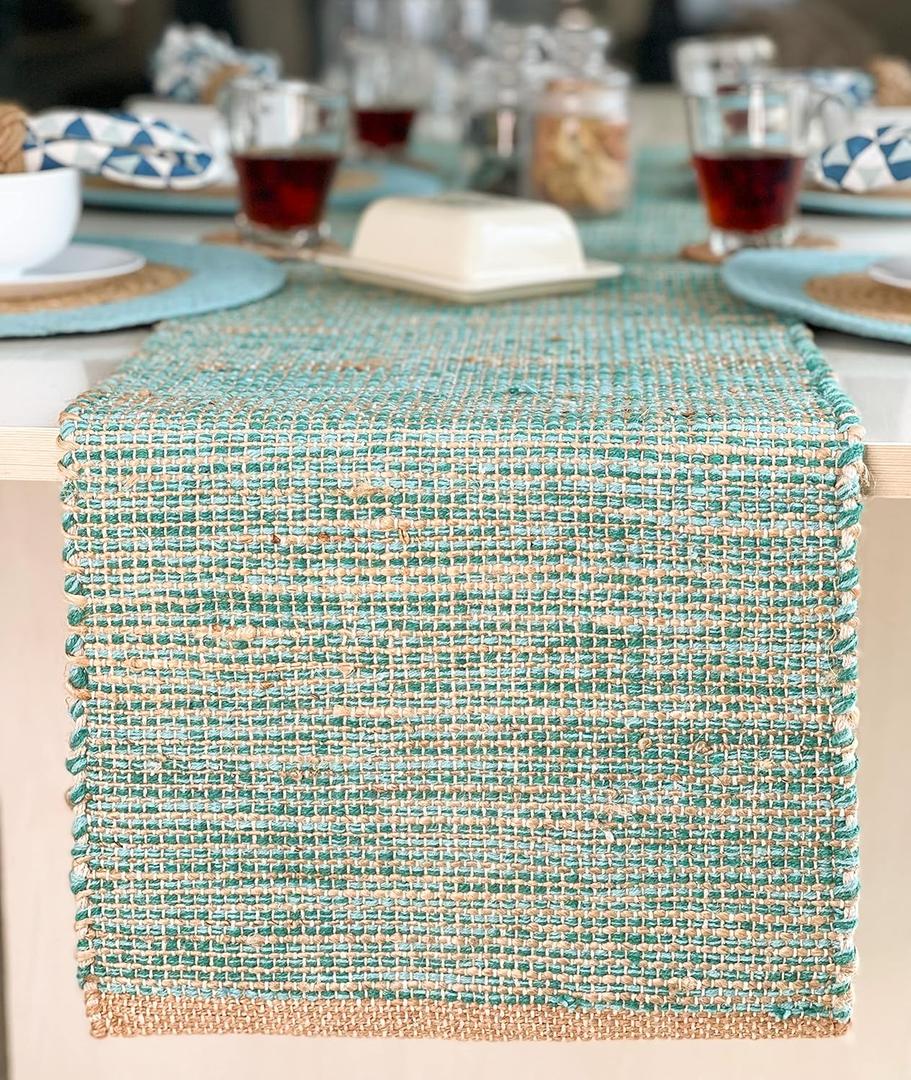 Chardin home Eco-Friendly Natural Jute/Cotton Table Runner, Size: 13x72. Jute/Aqua-Turquoise