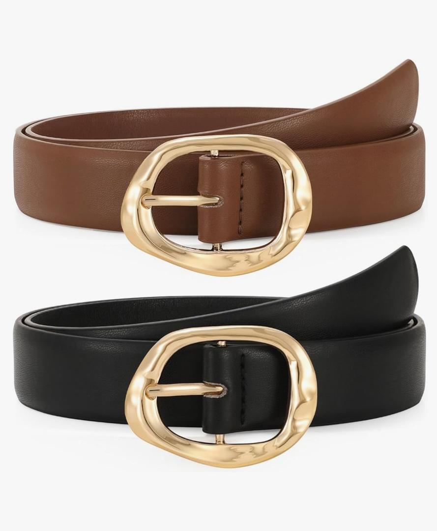 TRIWORKS 2 Pack Leather Belts for Women Fashion Waist Belt with Liquid Shapes Women Belt for Jeans Pants Dresses