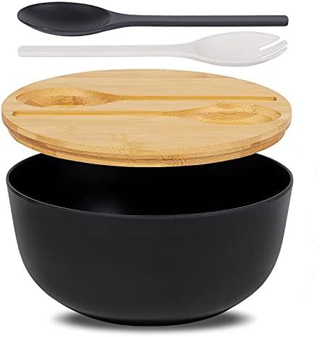ECOHAGOU 10" Large Salad Serving Bowl with Utensils in Lid, Bamboo Fiber Salad Bowl with Lid, Mixing Bowl with Servers set for Pasta,Fruit,Veggies,Popcorn to Replace Wooden Bowls - Matte Black