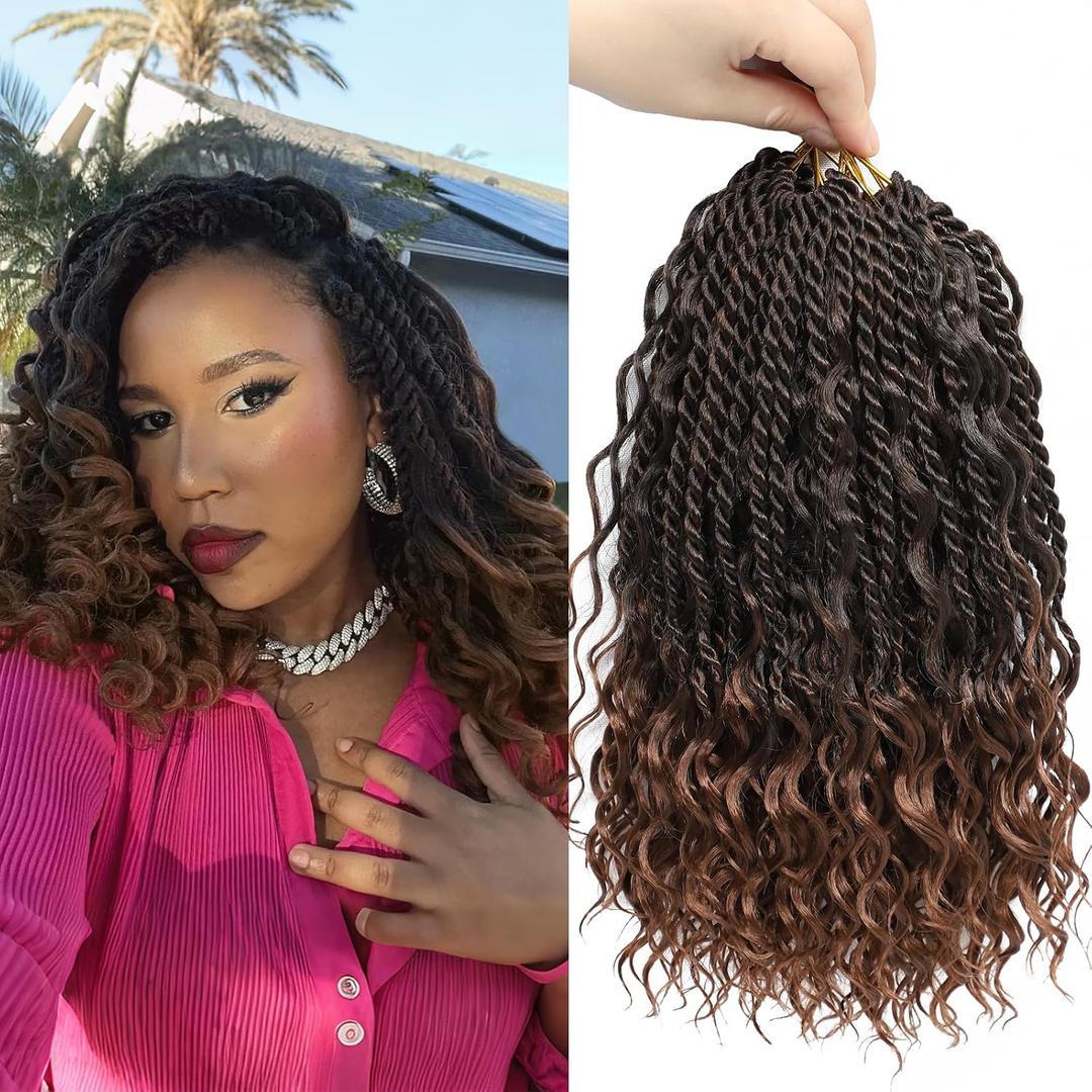 10 Inch 8 Packs Senegalese Twist Crochet Hair with Curls Pre-Looped Boho Goddess Twist Braids for Black Women Bohemian Crochet Braiding Hair Ombre Brown T30#