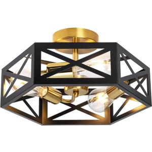 Semi Flush Mount Ceiling Light, Black and Gold Light Fixtures Ceiling Mount with Hexagon Cage, Metal Industrial Close to Ceiling Light for Hallway, Kitchen, Bedroom (Black and Gold, 14.56''L)