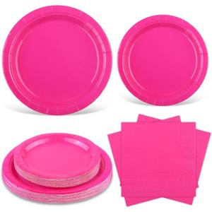 Ruisita 48 Pieces Hot Pink Party Supplies Solid Hot Pink Tableware Including 7 Inch and 9 Inch Paper Dinner Plates 2 Ply Napkins for Wedding, Birthday Party, Picnic, Barbecue (Serves 16)