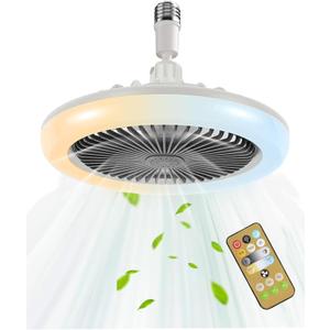 Enclosed Ceiling Fan with Light and Remote, 10 Inch Screw in Fan Light Mini Bladeless Ceiling Fans, 3 Fan Speeds Dimmable 3 Light Colors for Garage Tool Room Hallway, No Wiring Required (Grey 02)
