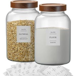 2 PCS Large Glass Jar with Airtight Lid, 1 Gallon Glass Jar with lid for Tea,Spice,Cereal, Egg,Flour,Coffee and More,Canning Jars with Leak-proof Lid for Kitchen(with 132 Pantry Labels)