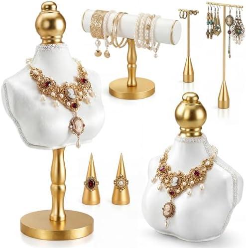 AceOrbit 7 Pcs Jewelry Display Set, Velvet Jewelry Mannequin Display, T-bar Bracelet Holder, Earring and Ring Finger Stand