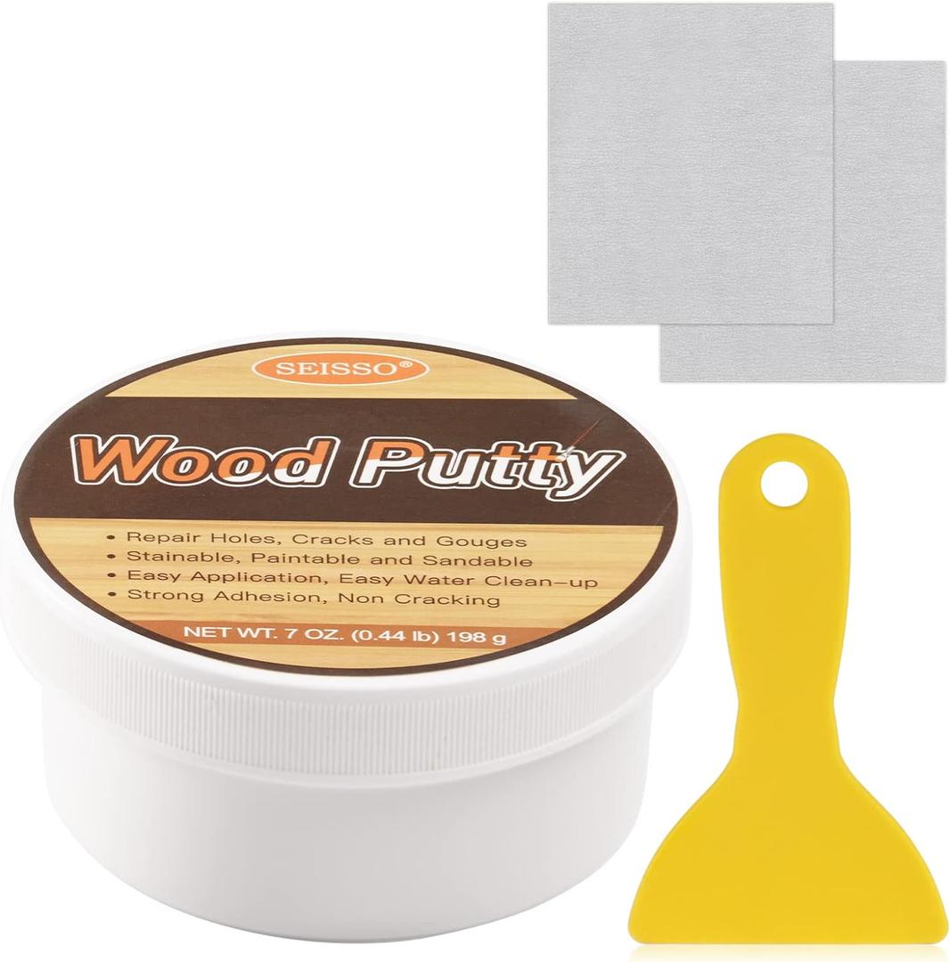 SEISSO Wood Putty, Water-Based Woods Filler, White Wooden Putty for Trim, Woods Filler Paintable, Stainable, Wooden Furniture Repair kit - Restore Wooden Table, Cabinet, Floors, Door (7 OZ)