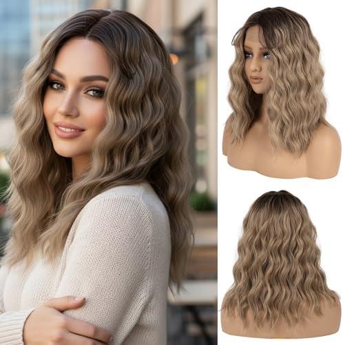 LEEONS Ombre Ash Blonde Wig for Women - 16 Inch Medium Length Wavy, Heat Resistant Synthetic Hair, Middle Part, Adjustable Bands, Natural Looking for Daily/Party/Halloween