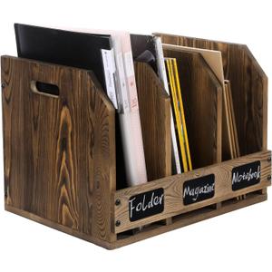 MyGift Office Desktop Document File Folder Rustic Burnt Brown Wood Binder Storage Organizer Rack with 3 Compartments and Chalkboard Labels
