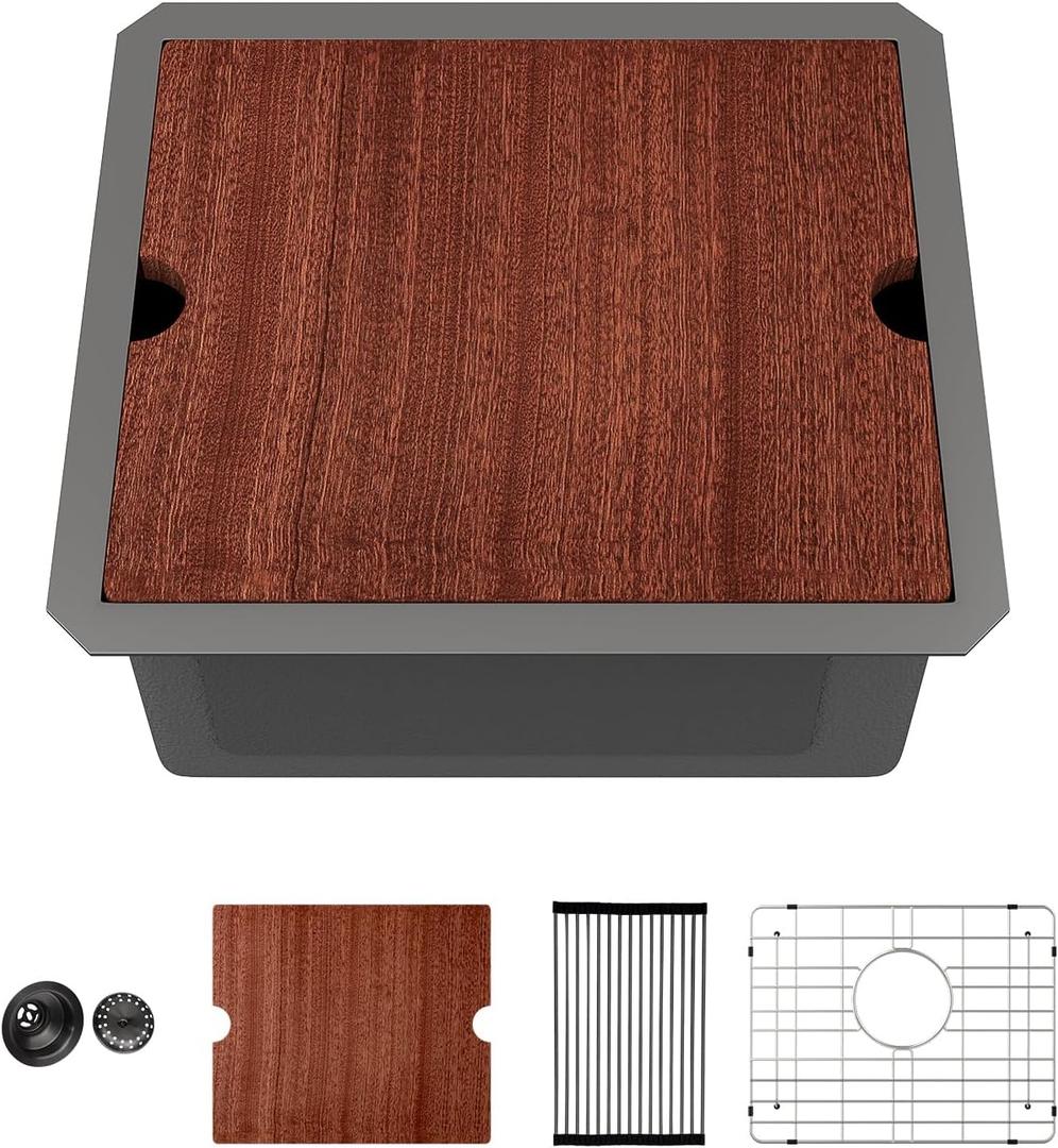 Sarlai 17 Black Undermount Bar Sink 17 x 15 Inch Workstation Bar Prep Sink, 17"x15"x9"