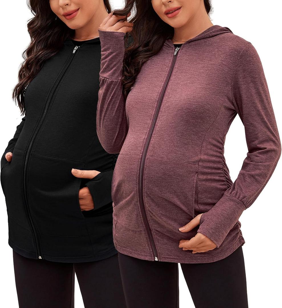 DEBELLY Maternity Sweatshirts Long Sleeve Full Zip Hoodie Casual Pregnancy Women Jacket Top with Pockets,Thumb Hole,Side Ruch (Large, Black and Burgundy)