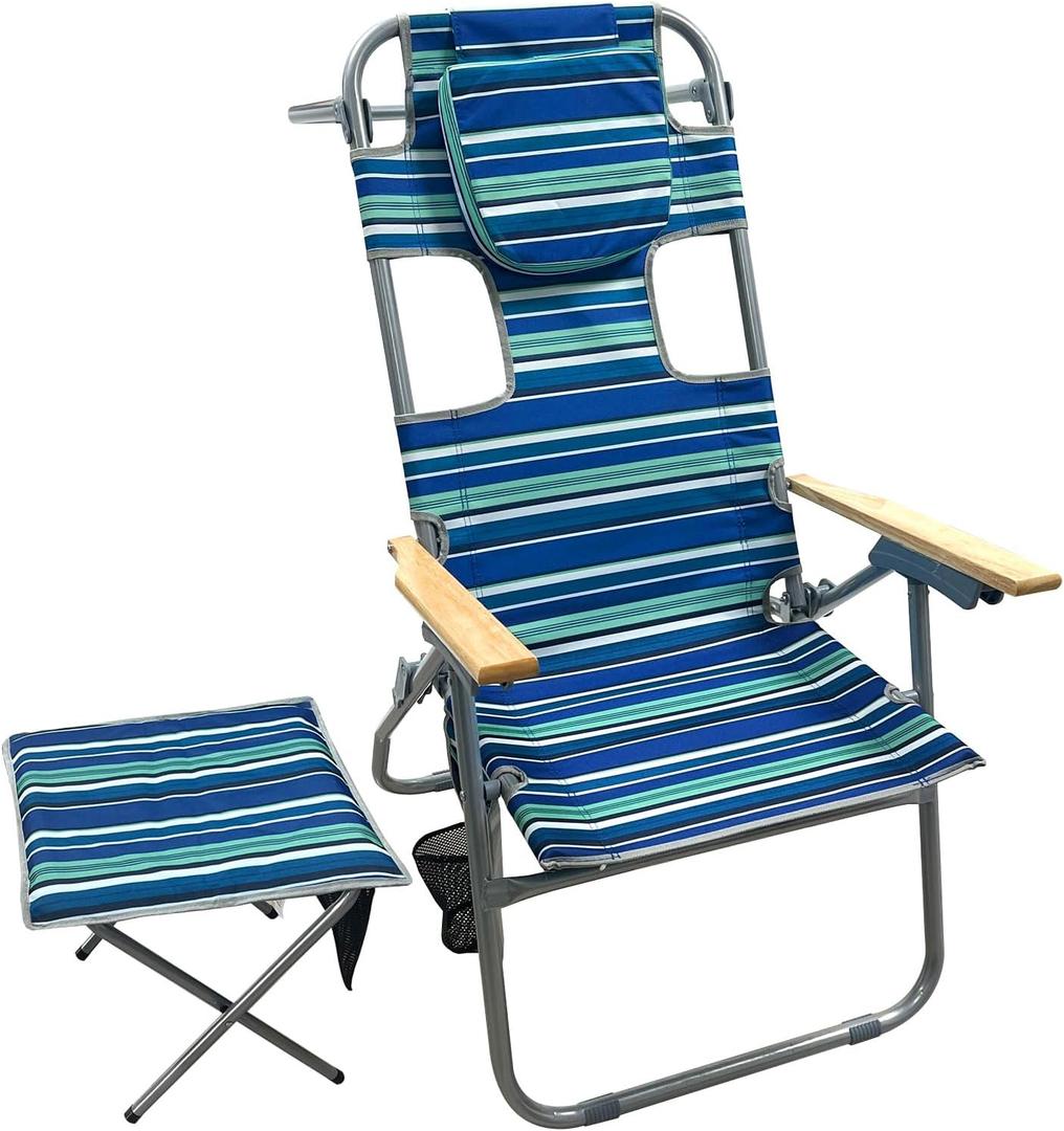 16" Heavy Duty Tall Beach Chair 17LBS with Camping Stool for Adults, Folding High Beach Chair with Face Hole Stripe