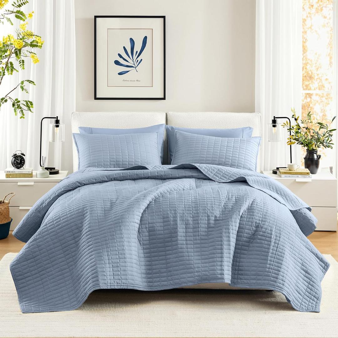 Comfort Spaces Kienna Quilt Set- Double Sided Stitching Design Summer Blanket, Lightweight, Soft, All Season Bedding Layer, Matching Sham, Blue, Coverlet Full/Queen(90"x90") 3 Piece