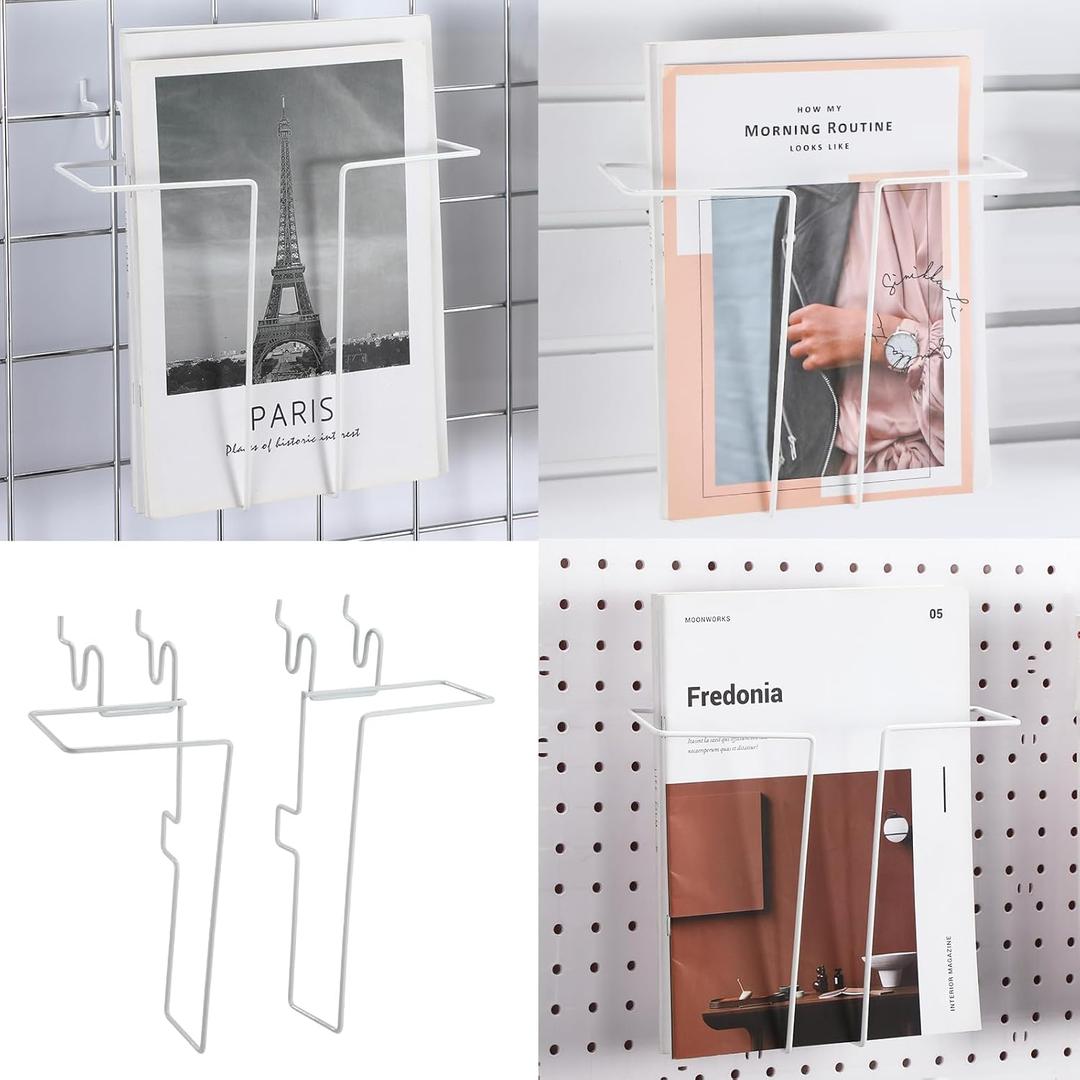 MorningRo 4 Pair Slatwall Literature Holder Pegboard Shelf Accessories Pegboard Magazine Holder Expandable Literature Display Metal Wire Retail Magazine Shelf for Slatwall Gridwall Exhibition(White)