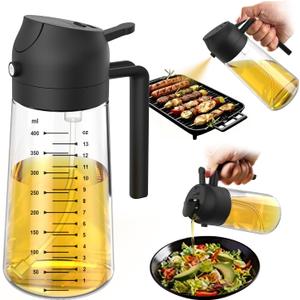 TrendPlain 16oz/470ml Glass Olive Oil Sprayer for Cooking 2 in 1 Olive Oil Dispenser Bottle for Kitchen Gadgets and Air Fryer Accessories, Salad, BBQ - Black