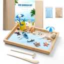 Zen Garden Kit for Desk - Premium Beautiful Japanese Mini Beach Zen Sand Garden Box Decor Set for Home, Office with Bamboo Tray, Sand, Tools, Shark, Ship - Desktop Meditation, Accessories Zen Gifts