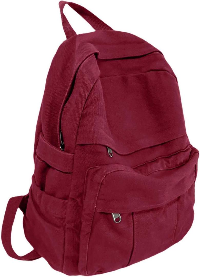 Burgundy Red Canvas Backpack for Women Retro Aesthetic Rucksack Basic Backpack for High School/College Students Travel Laptop Bag