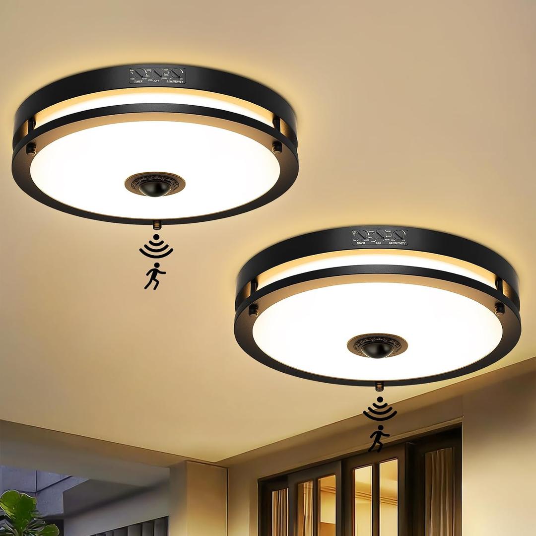 24W LED Motion Sensor Outdoor Ceiling Light, 12IN 2700K/3000K/3500K/4000K/5000K Adjustable Ceiling Lights, Dusk to Dawn Flush Mount LED Ceiling Light Fixture for Porch, Entryway, 2 Pack